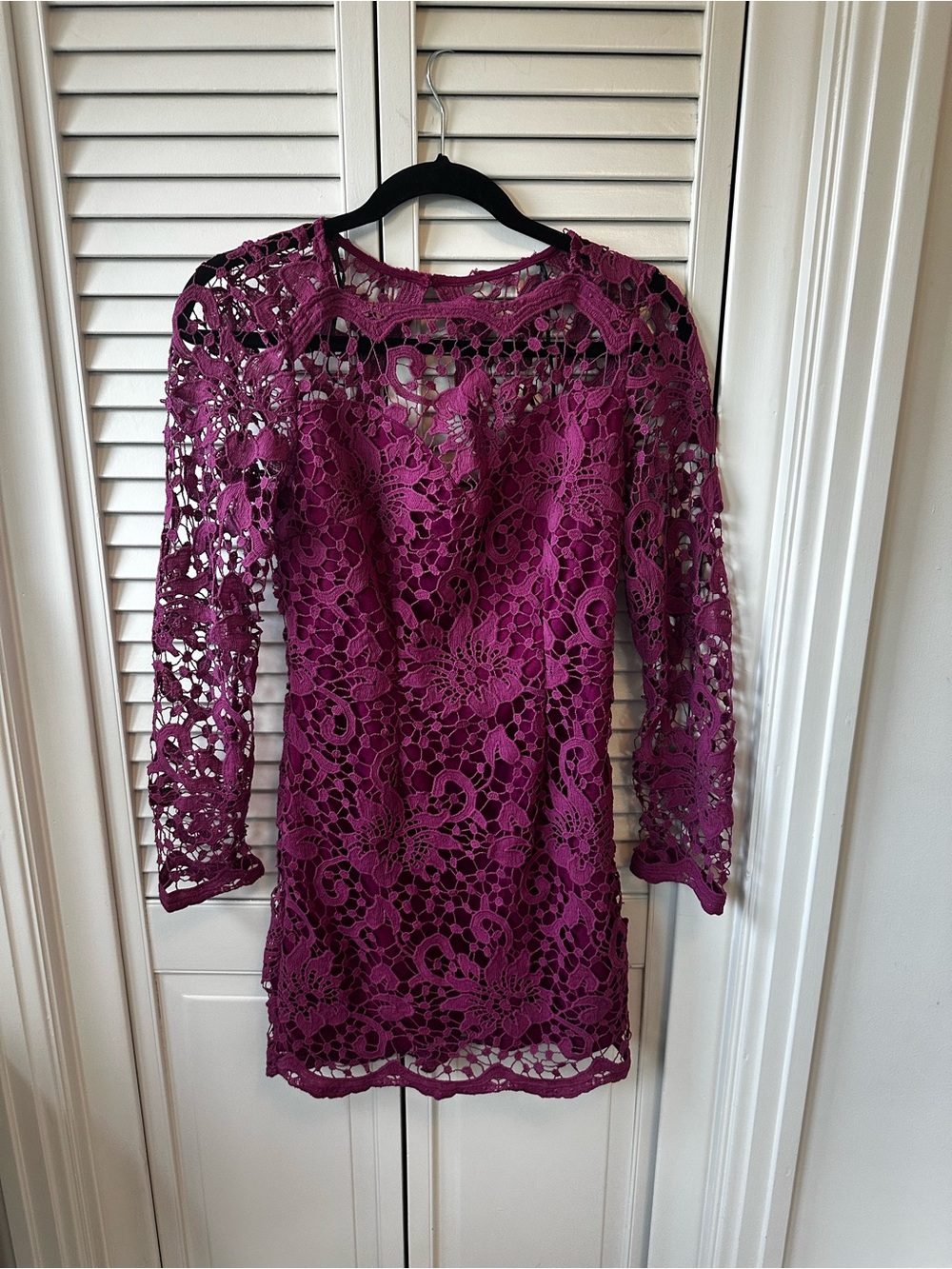 Crochet Lace Long-Sleeve Dress in Magenta